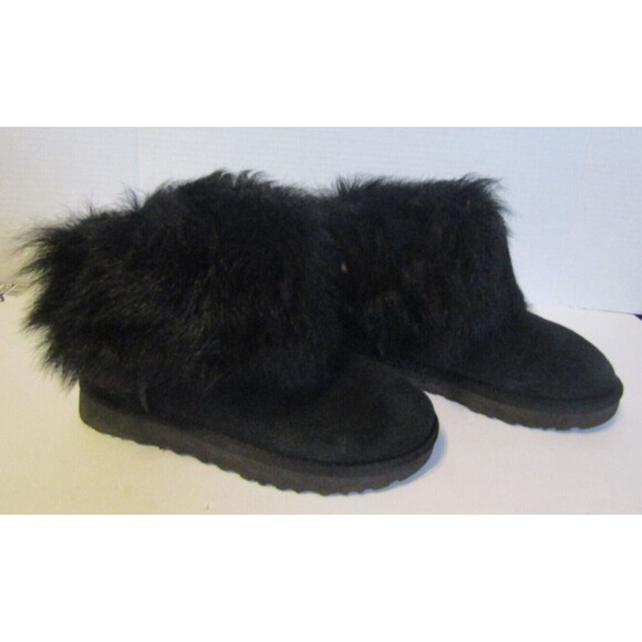 UGG Valentina Ankle Boots Black Suede Fluff Collar Rhinestone Button Lined Sz 5 - Picture 2 of 7